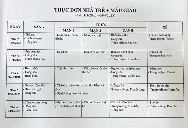Thực đơn tuần của bé từ ngày 31/03/2025 đến ngày 04/04/2025