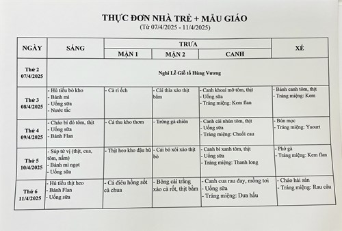 Thực đơn tuần của bé từ ngày 07/04/2025 đến ngày 11/04/2025
