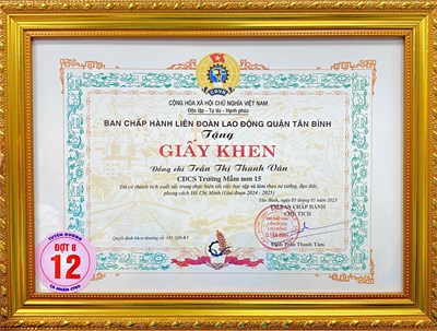 Đồng chí Trần Thị Thanh Vân vinh dự nhận giấy khen của Liên đoàn Lao động quận Tân Bình vì  Đã có thành tích xuất sắc trong thực hiện tốt việc học tập và làm theo tư tưởng, đạo đức, phong cách Hồ Chí Minh (giai đoạn 2024 - 2025)  (QĐKT số: 102/QĐ-KT)