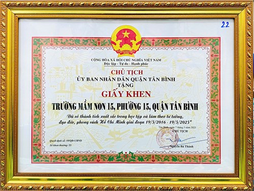 Trường Mầm non 15, phường 15, quận Tân Bình được Chủ tịch Ủy ban nhân dân Quận Tân Bình trao giấy khen đã có thành tích xuất sắc trong học tập và làm theo tư tưởng, đạo đức, phong cách Hồ Chí Minh giai đoạn 19/5/2016 - 19/5/2025. Quyết định số 19/QĐ-UBND ngày 7/5/2025