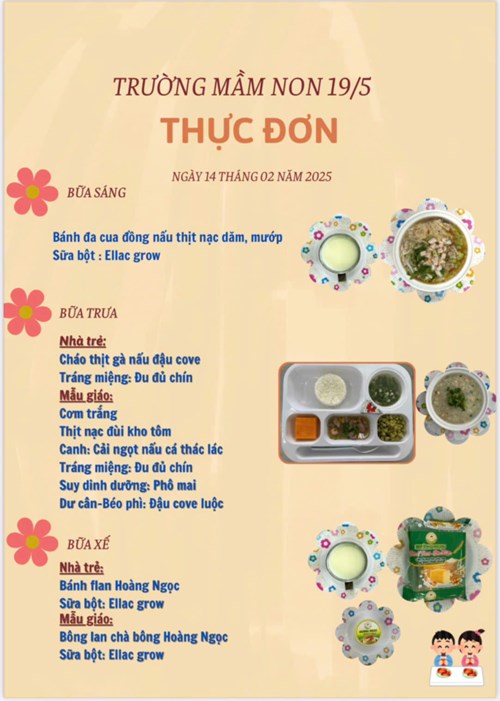 Thực đơn ngày 14 tháng 02 năm 2025