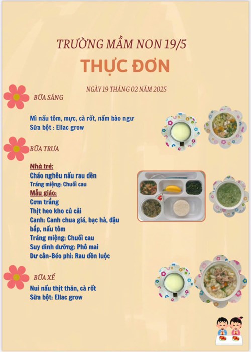 Thực đơn ngày 19 tháng 02 năm 2025