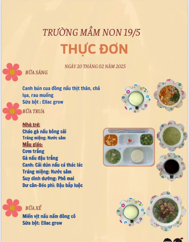 Thực đơn ngày 20 tháng 02 năm 2025