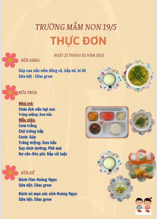 Thực đơn ngày 21 tháng 02 năm 2025