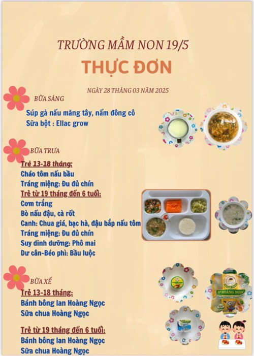 Thực đơn ngày 28 tháng 03 năm 2025
