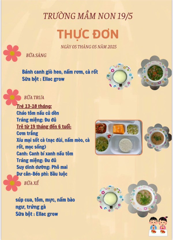 Thực đơn ngày 05 tháng 05 năm 2025