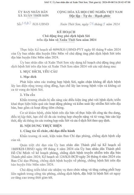 Văn bản số 1420/KH-UBND ngày 6 tháng 9 năm 2024 về Kế hoạch chủ động ứng phó bệnh dịch Sởi trên địa bàn xã Xuân Thới Sơn năm 2024
