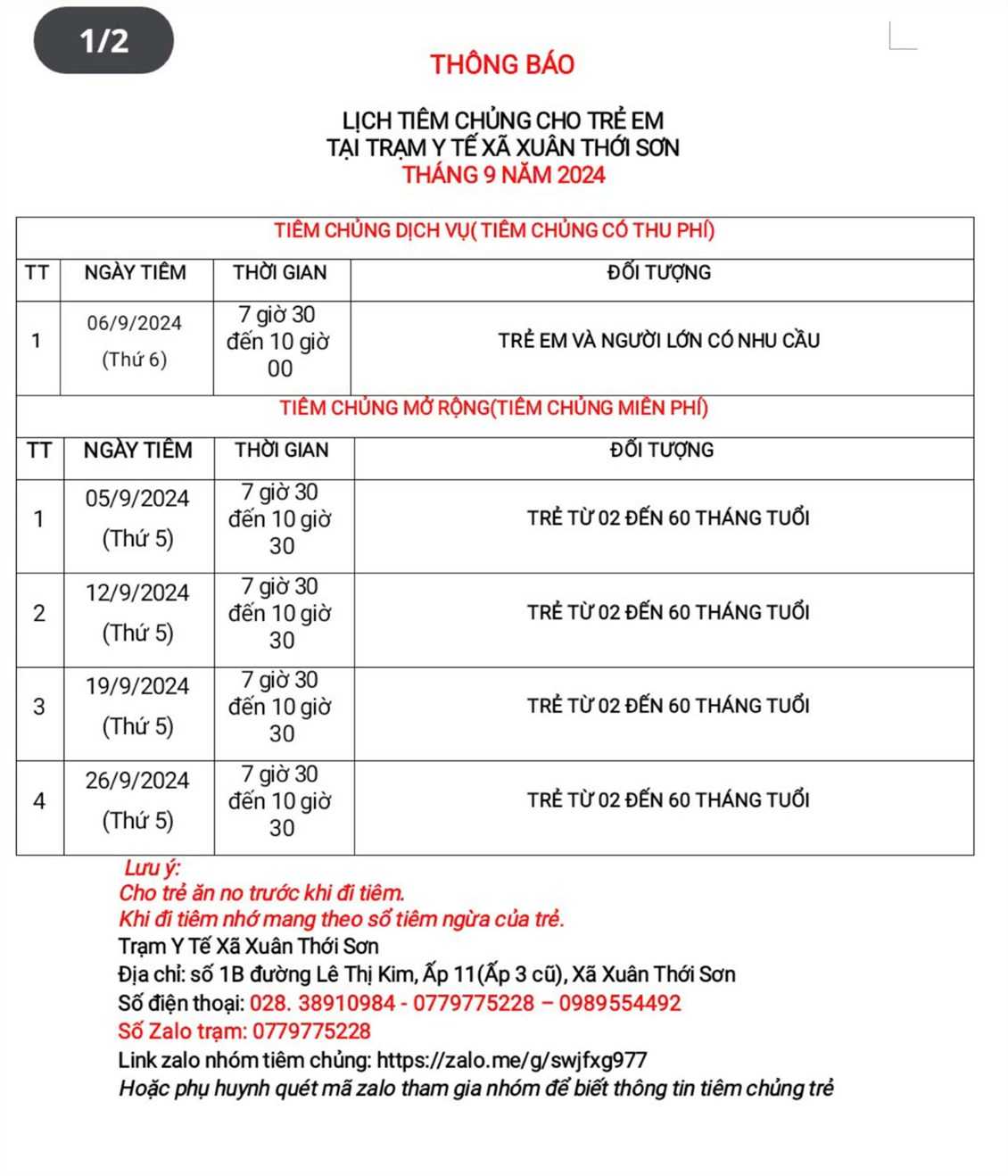 Thông báo lịch tiêm chủng cho trẻ em tại trạm y tế xã Xuân thới sơn tháng 9 năm 2024.