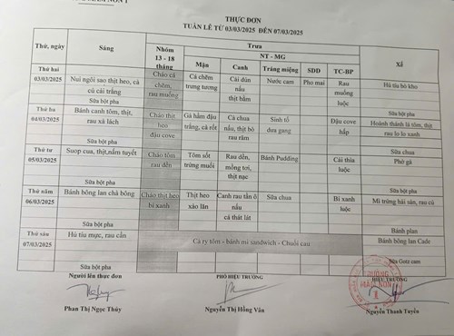 Thực đơn tuần 03-03-2025đến 07-03-2025