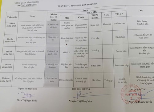 Thực đơn tuần  01-04-2025