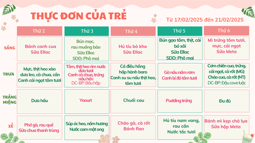 Thực đơn của trẻ từ 17/02 đến 21/02/2025