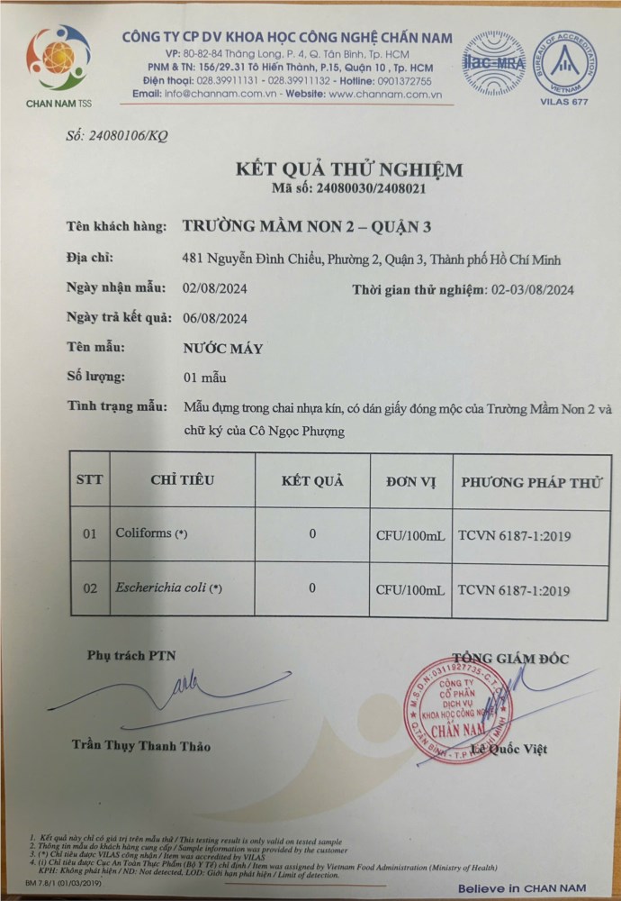 Kết quả kiểm tra mẫu nước ăn uống, sinh hoạt của trường