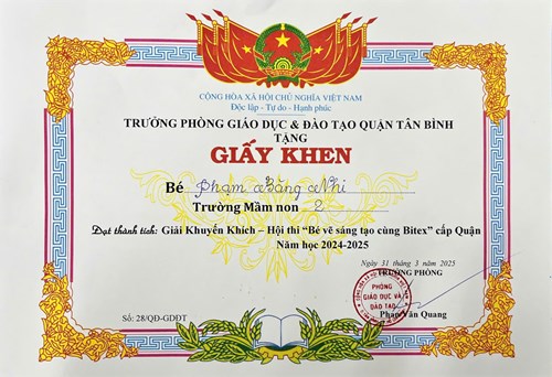Chúc mừng bé Phạm Băng Nhi, lớp Mầm 2 đạt giải Khuyến khích - Hội thi  Bé sáng tạo cùng Bitex  cấp Quận, năm học 2024-2025