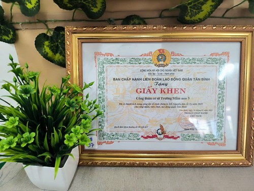 CĐCS trường Mầm non 3 vinh dự được tuyên dương Đã đạt thành tích trong công tác tổ chức chăm lo Tết Ất Tỵ năm 2025 cho công nhân, viên chức, lao động quận Tân Bình.