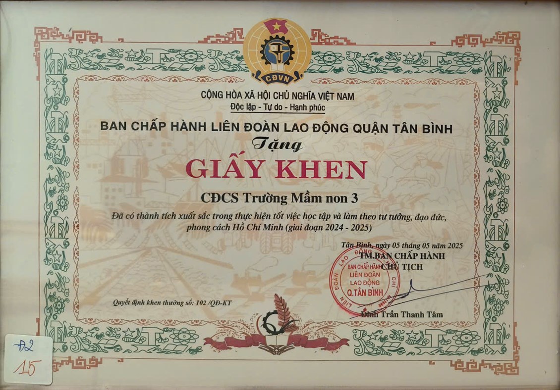 Công đoàn cơ sở Mầm non 3 nhận giấy khen về việc hoạc tập và làm theo tư tưởng, đạo đức, phong cách Hồ Chí Minh (giai đoạn 2024-2025)