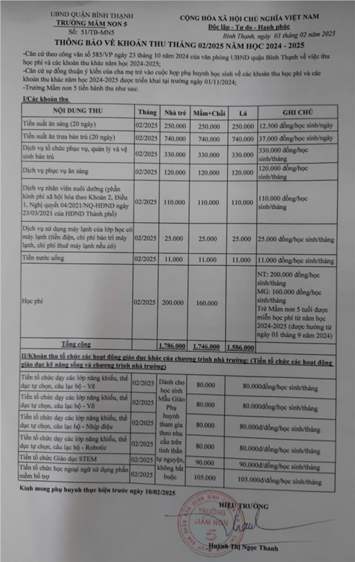 Thông báo về khoản thu tháng 02-2025 năm học 2024-2025
