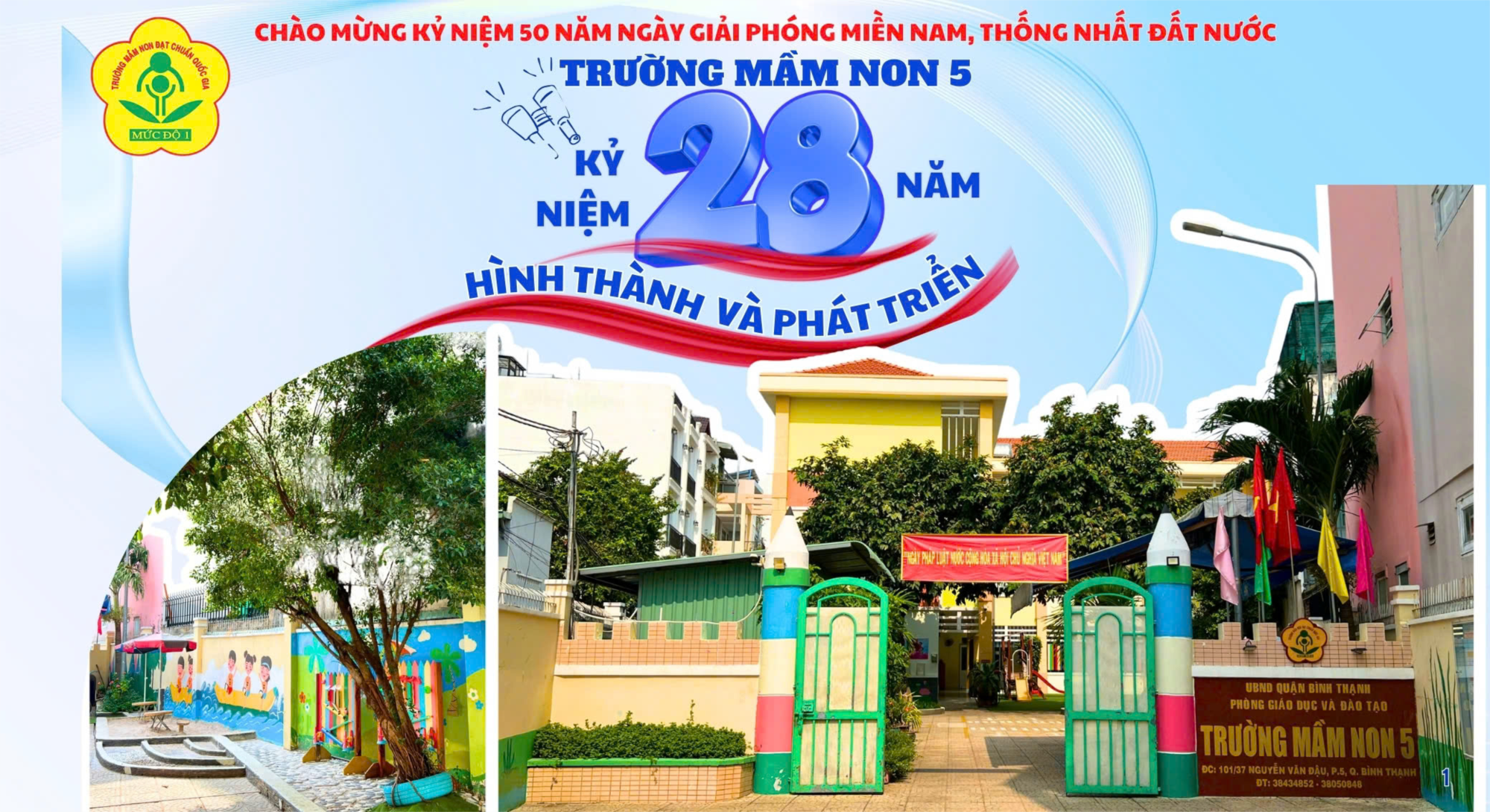 Nhân dịp kỷ niệm 50 năm ngày giải phóng miền Nam, thống nhất đất nước (30/4/1975 - 30/4/2025) và chào mừng Đại hội Đảng các cấp nhiệm kỳ 2025 - 2030, trường Mầm non 5 đã thực hiện biên soạn cuốn Kỷ yếu kỷ niệm 28 năm Quá trình hình thành và phát triển trường Mầm non 5 Quận Bình Thạnh giai đoạn 1997 - 2025