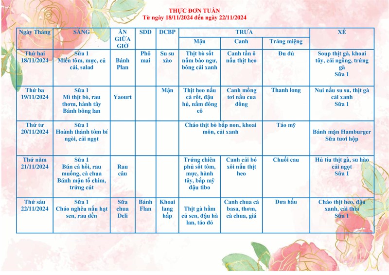 Thực đơn cho bé từ ngày 18/11/2024 đến 22/11/2024