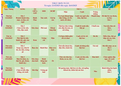 Thực đơn của bé từ ngày 21/4/2025 đến ngày 26/4/2025