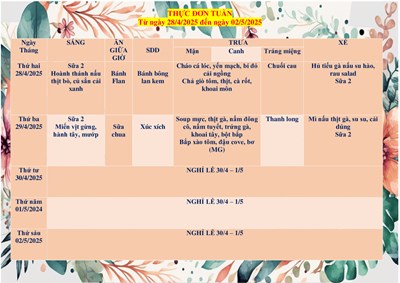 Thực đơn tuần từ 28/4/2025 đến 02/5/2025