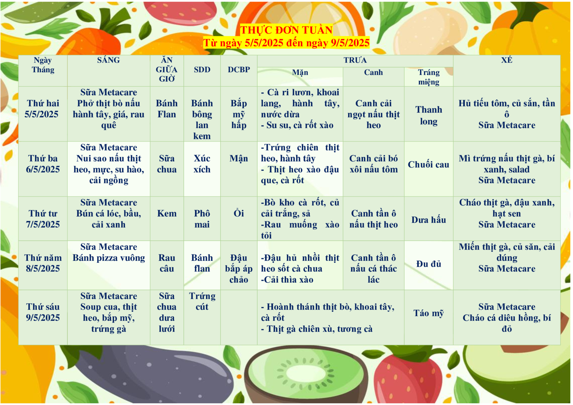 Thực đơn từ 05/5/2025 đến 9/5/2025