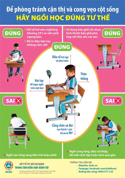 Ngồi học đúng tư thế cho trẻ để phòng chống bệnh cận thị và cong vẹo cột sống