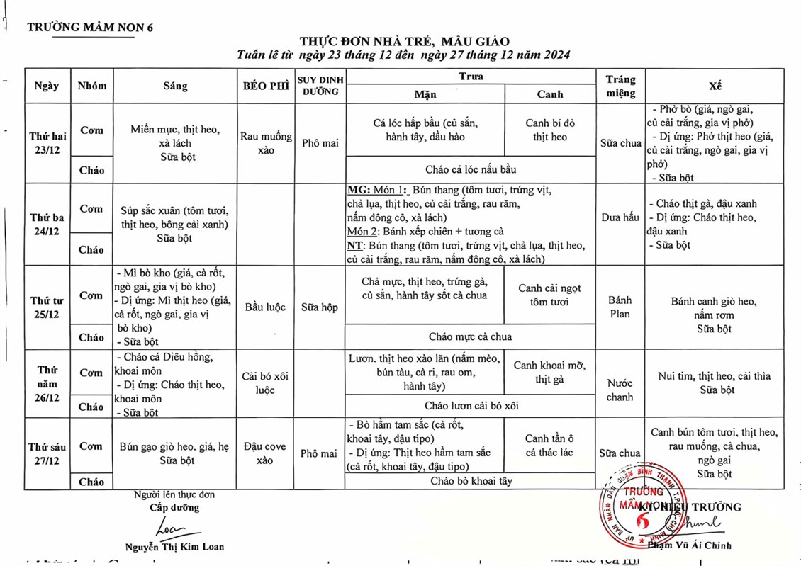 Thực đơn tuần (từ ngày 23/12 đến ngày 27/12/2024)