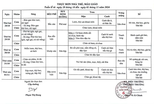 Thực đơn tuần (từ ngày 28/10 đến ngày 01/11/2024)