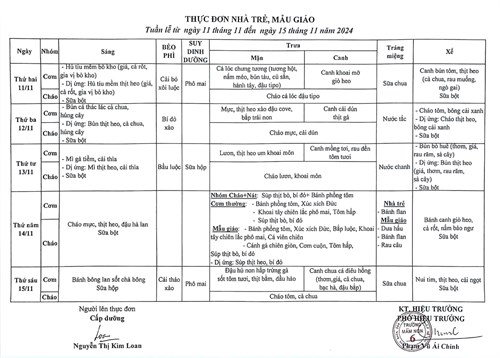 Thực đơn tuần (từ ngày 11/11 đến ngày 15/11/2024)