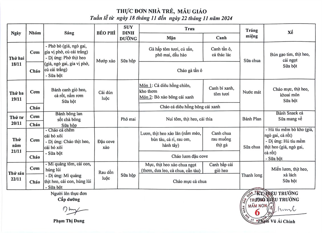 Thực đơn tuần (từ ngày 18/11 đến ngày 22/11/2024)