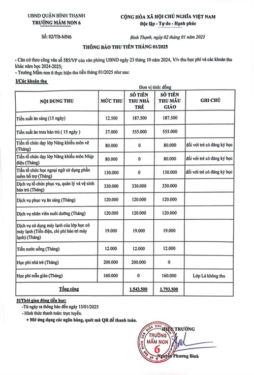 Thông báo về thu tiền tháng 01 năm học 2024-2025
