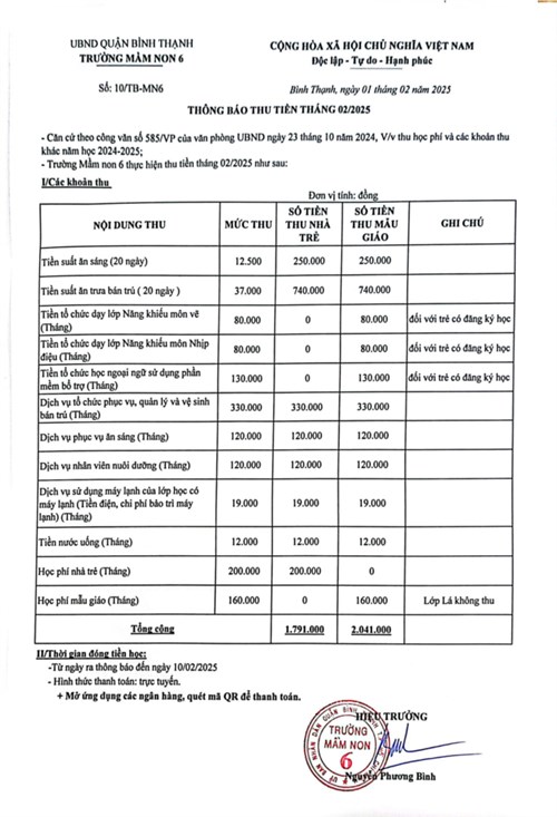 Thông báo về thu tiền tháng 02 năm học 2024-2025