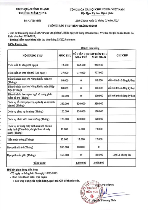 Thông báo về thu tiền tháng 3/2025