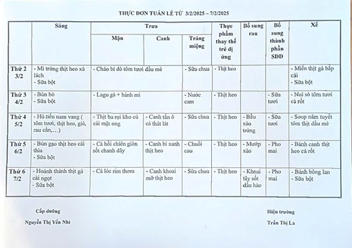 Thực đơn bán trú từ 03/02 đến 07/02/2025