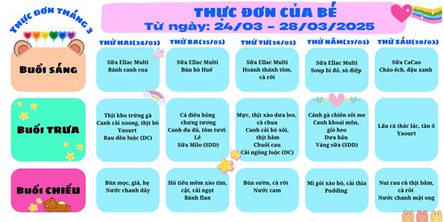 THỰC ĐƠN TUẦN 4 THÁNG 3 - Từ: Ngày 24 tháng 03 đến ngày 28 tháng 03 năm 2025