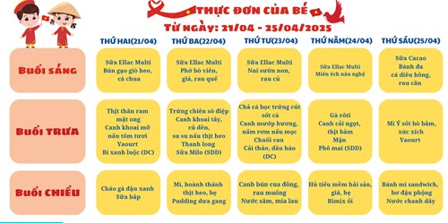 THỰC ĐƠN TUẦN 4 THÁNG 4 - Từ: Ngày 21 tháng 04 đến ngày 25 tháng 04 năm 2025