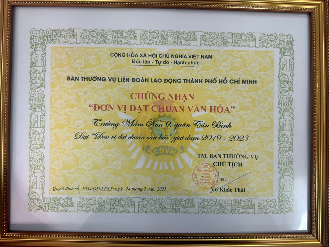 Trường Mầm non 9 đạt  Đơn vị chứng nhận đơn vị đạt chuẩn văn hóa  giai đoạn 2019-2023