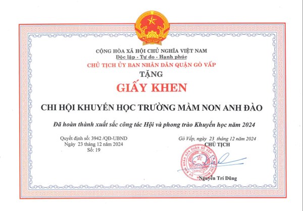 Giấy khen số 3942/QĐ-UBND ngày 23/12/2024 của Ủy ban nhân dân quận Gò Vấp về Chi bộ khuyến học đã hoàn thành xuất sắc công tác Hội và phong trào Khuyến học năm 2024