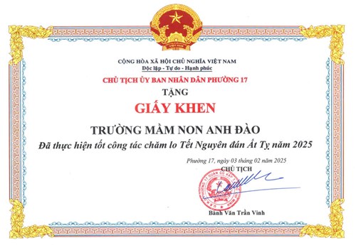 Giấy khen đã có thành tích tốt trong công tác chăm lo tết Nguyên đán Ất Tỵ năm 2025