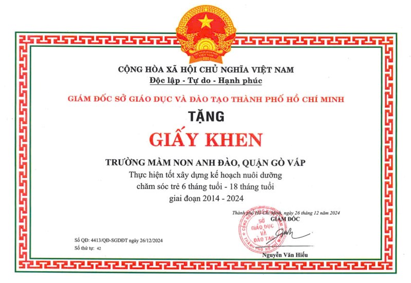 Quyết định số 4413/QĐ-SGDĐT ngày 26/12/2024 của Sở Giáo dục và Đào tạo - TPHCM về tặng Giấy khen cho các tập thể và cá nhân có thành tích thực hiện tốt công tác chăm sóc, giáo dục trẻ mầm non từ 6 đến 18 tháng tuổi giai đoạn 2014-2024