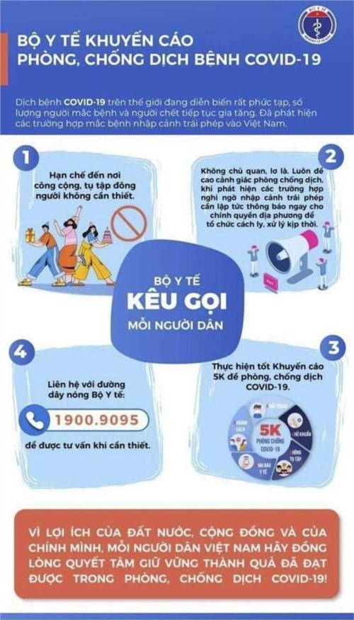 Trang chủ 
Sức khỏe - dinh dưỡng
Bộ y tế khuyến cáo phòng, chống dịch bệnh Covid -19