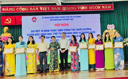 Hội nghị Sơ kết 10 năm thực hiện công tác nuôi nưỡng, chăm sóc giáo dục trẻ từ 6 tháng tuổi đến 18 tháng tuổi trên địa bàn Tp.HCM giai đoạn 2014 - 2024 do Sở GD&ĐT tổ chức, Trường Mầm non  Bình Trị Đông vinh dự nhận Giấy khen “Thực hiện tốt công tác xây dựng kế hoạch nuôi dưỡng, chăm sóc trẻ 6 tháng tuổi đến 18 tháng tuổi giai đoạn 2014- 2024 
