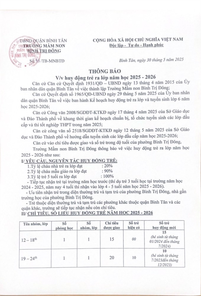 TRƯỜNG MẦM NON BÌNH TRỊ ĐÔNG
THÔNG BÁO
V/v huy động trẻ ra lớp năm học 2025 - 2026