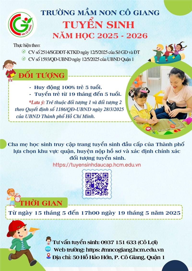 Trường mầm non Cô Giang thông báo tuyển sinh năm học 2025 - 2026