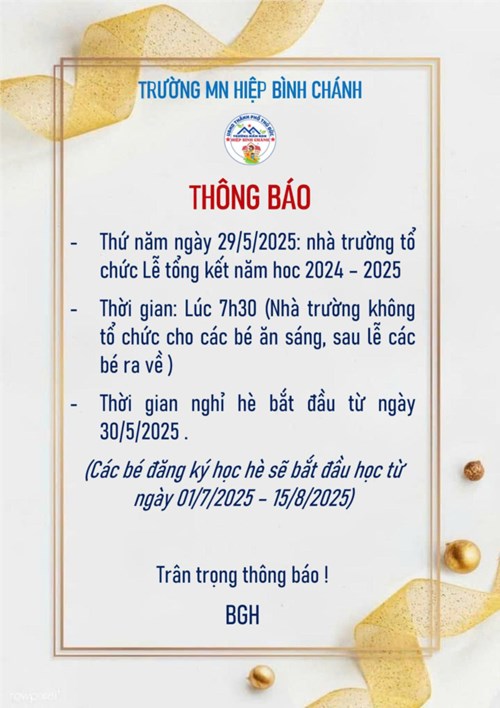 Thông báo về việc tổ chức Lễ Tổng kết năm học 2024 - 2025