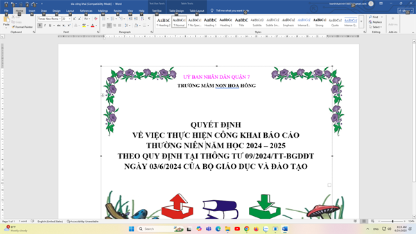 Quyết định về việc thực hiện công khai báo cáo thường niên năm học 2024 – 2025 theo quy định tại thông tư 09/2024/tt-bgdđt ngày 03/6/2024 của bộ giáo dục và đào tạo