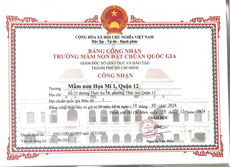 Bằng công nhận Trường Chuẩn Quốc Gia Mức độ 1