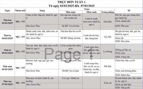 Thực đơn tuần 01 tháng 03/2025