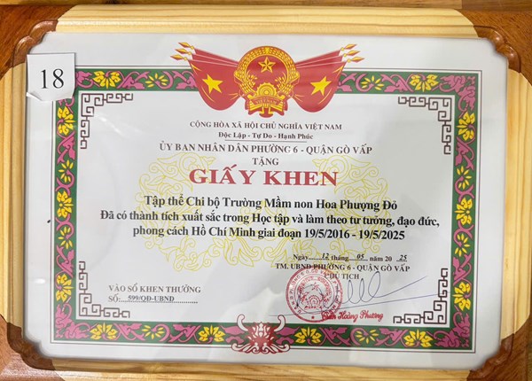 Chi bộ trường MN Hoa Phượng Đỏ vinh dự nhận giấy khen “Tập thể Chi bộ MN Hoa Phượng Đỏ đã có thành tích xuất sắc trong Học tập và làm theo tư tưởng, đạo đức, phong cách Hồ Chí Minh giai đoạn 19/5/2016 - 19/5/2025”