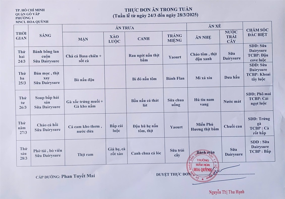 THỰC ĐƠN TUẦN CUẢ BÉ (Từ ngày 24/3/2025 đến ngày 28/03/2025)